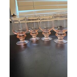 Set of 4 Pink Depression Glass Footed Goblets Flared Tulip Stemware Rose Tinted